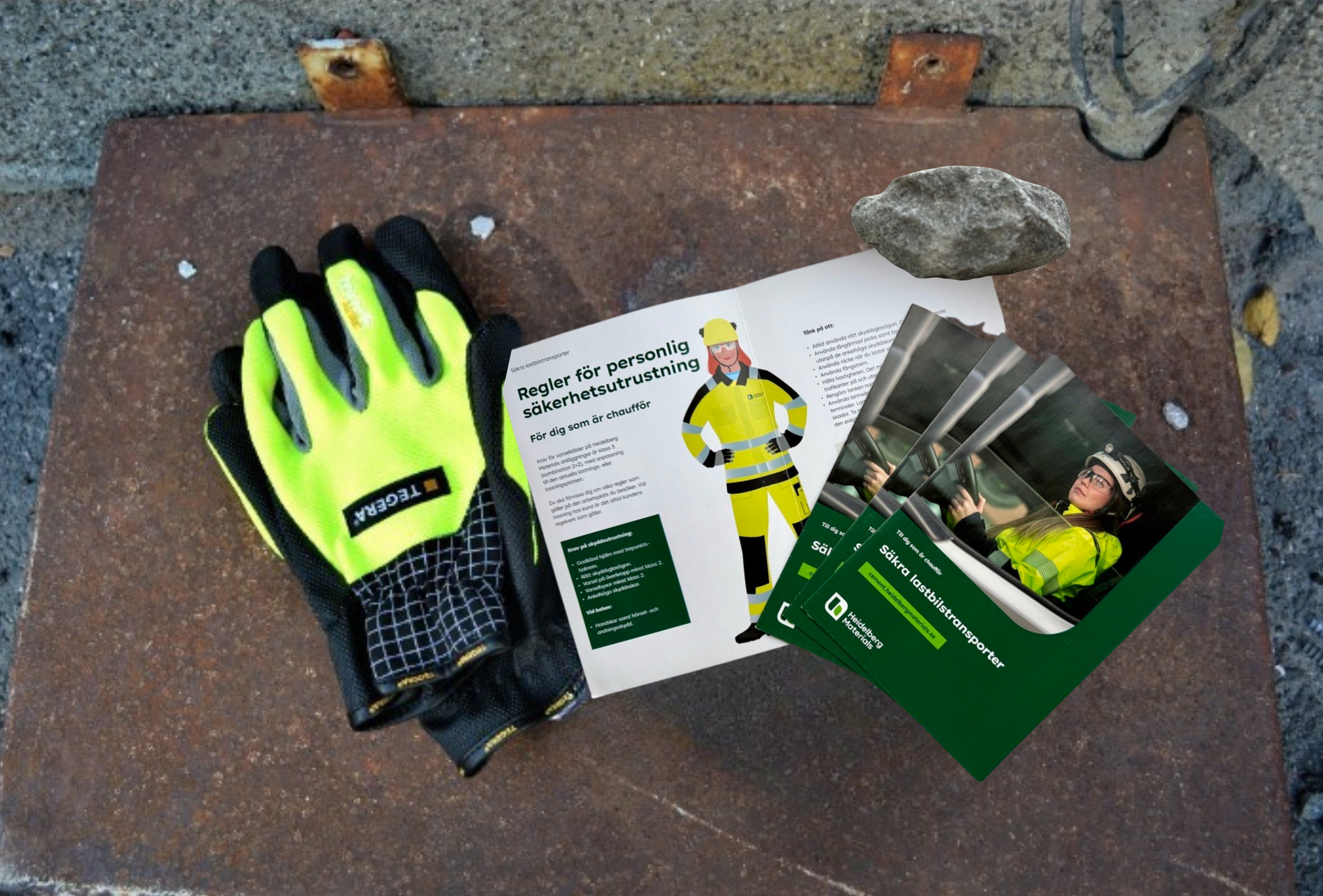 Arbetshandskar i neongult och svart placerade bredvid en broschyr med bilder av skyddsutrustning på ett metallunderlag och sten i bakgrunden.