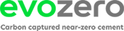 Logotyp för "evozero" med texten i svart och grönt. Under logotypen står mindre text i svart: "Carbon captured near-zero cement".
