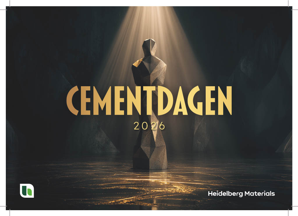 Stylized text "Cementdagen 2026" illuminated by dramatic light beams, centered above a geometric stone-like statue on a dark background. Heidelberg Materials logo appears in the bottom left corner.