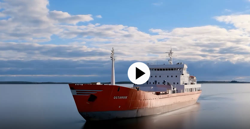 Ett rött lastfartyg seglar på stilla vatten under en klar himmel.