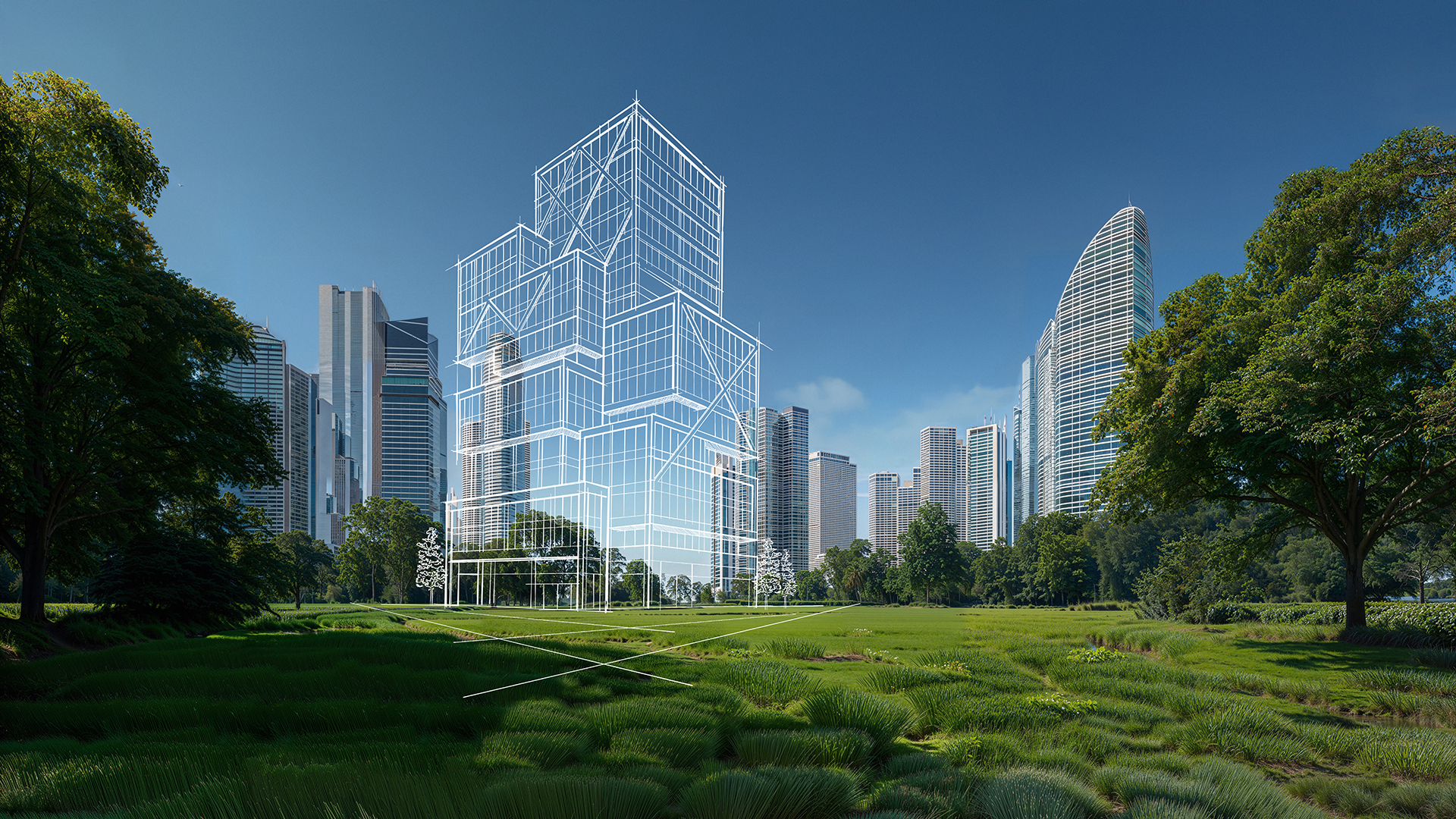 En skiss av en byggnad syns ovanpå ett grönt parkområde framför en stadsskyline.