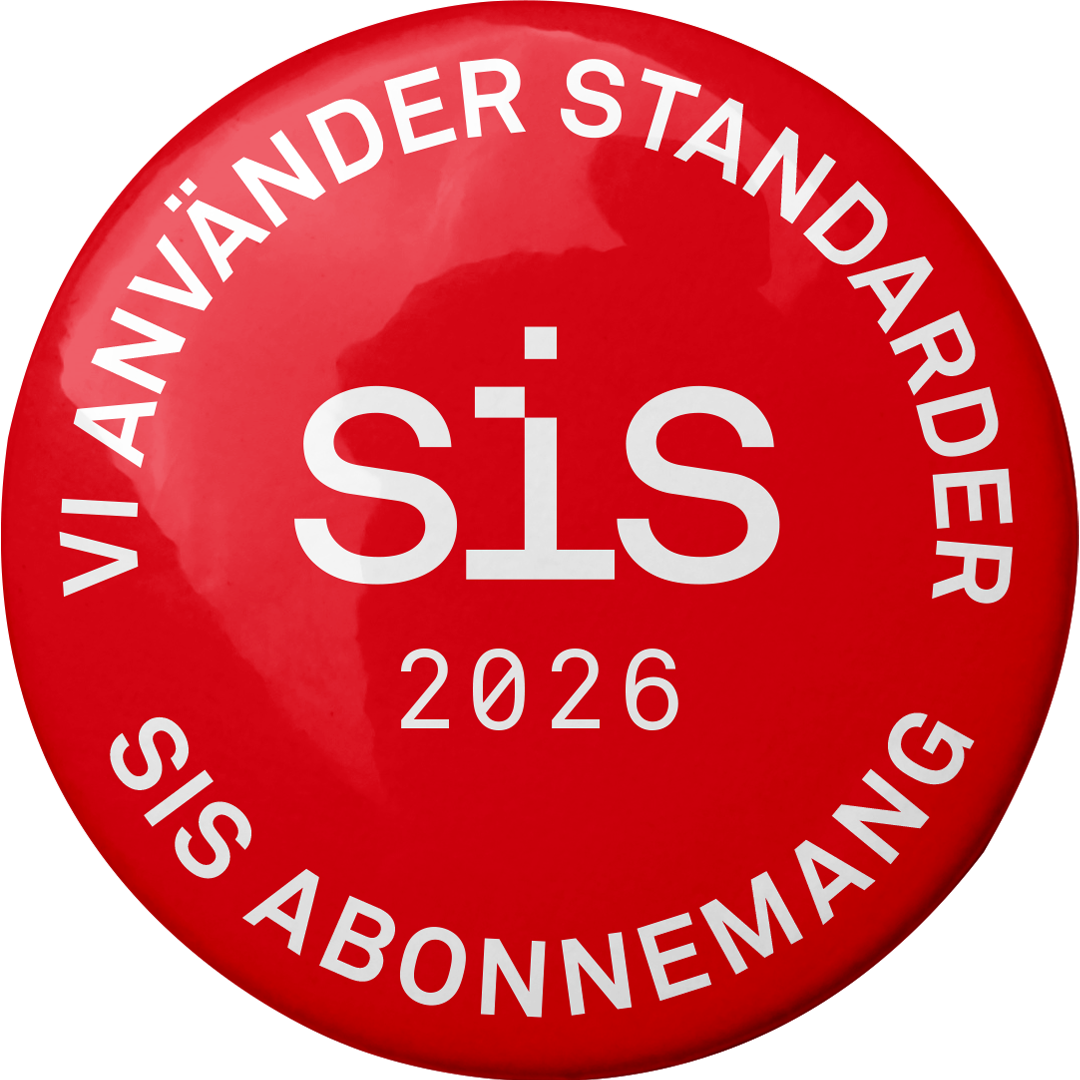 Röd knapp med texten "Vi använder standarder SIS abonnemang 2026".