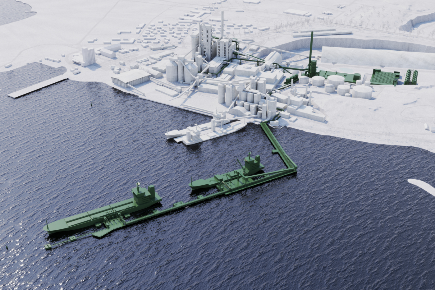 Illustration av ett industriområde vid vatten med bryggor och fabriksbyggnader.