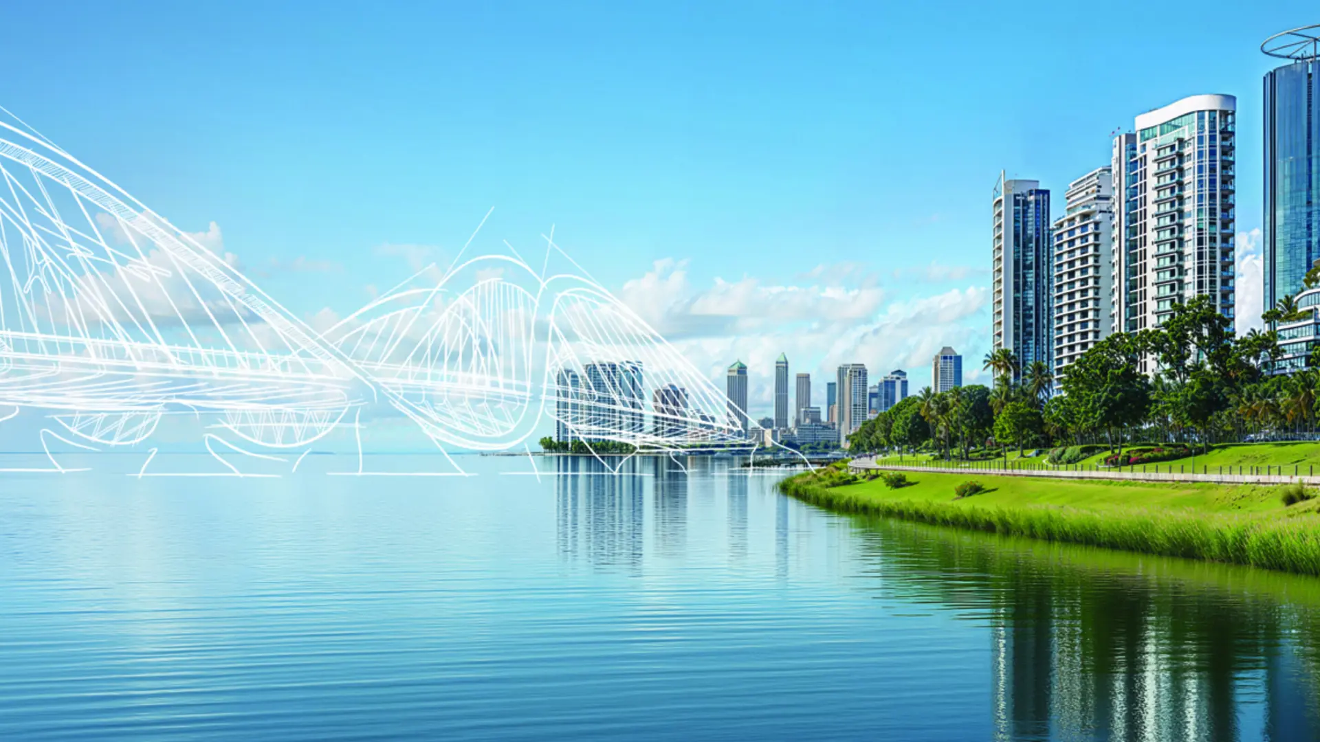 Panoramavy över en stadskust med höga byggnader till höger, grönt gräs längs vattenkanten och en illustration av en futuristisk bro i bakgrunden till vänster. Vattnet speglar himlen och landskapet.