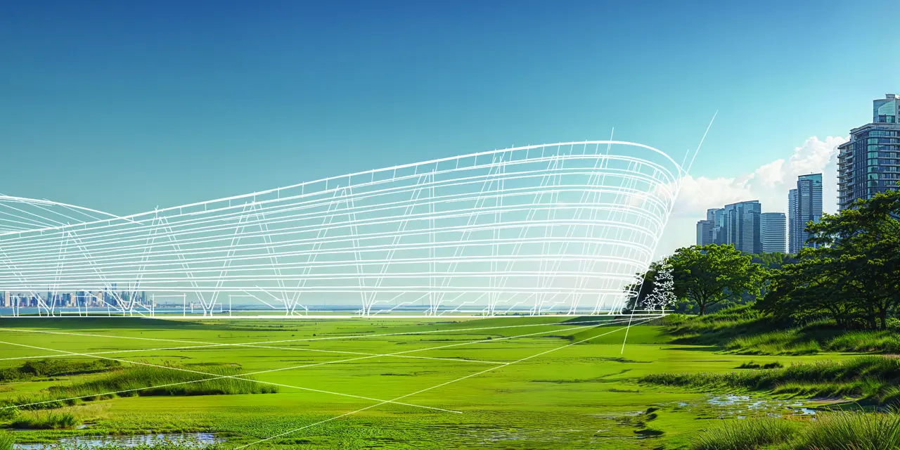 Illustration av en futuristisk stadion med vit genomskinlig struktur, placerad på en grön äng. Höga skyskrapor syns till höger i bakgrunden, medan blå himmel och några moln framhäver en modern och hållbar stadsdesign.