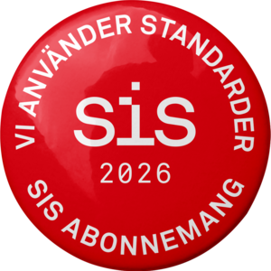 Röd knapp med texten "Vi använder standarder SIS abonnemang 2026".