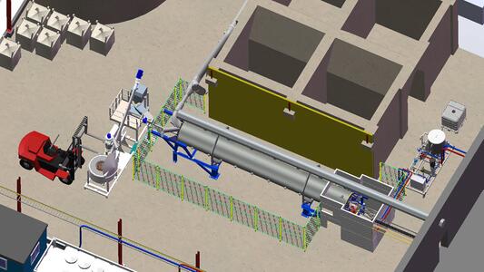 Illustration av en industriell anläggning med materialhanteringsutrustning och rörledningar.